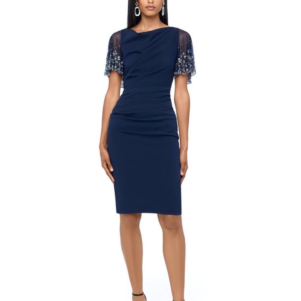 Betsy & Adam Navy Blue Silver Beaded Short Scuba Ruched Crepe Dress Sz 4 Nwt New